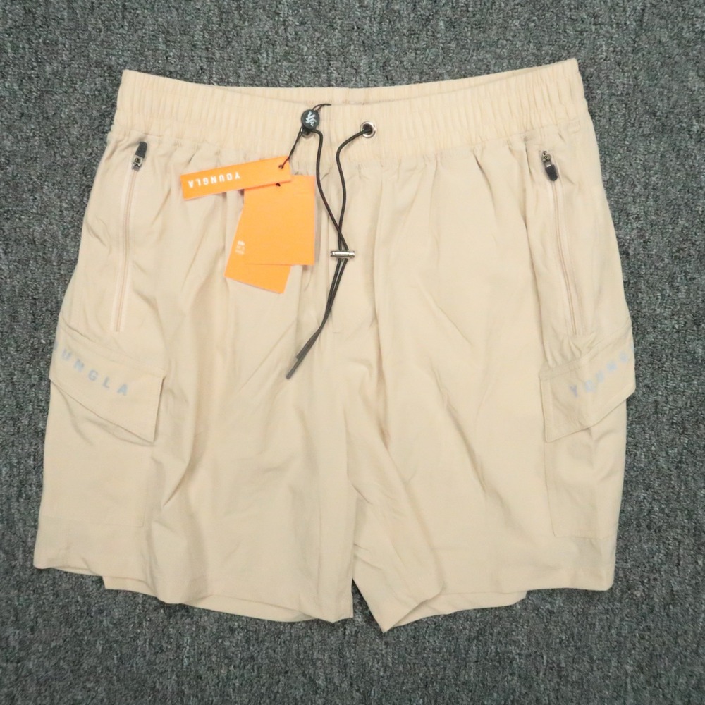 YoungLA Shorts Mens Medium Khaki Tan Cargo Training Gym Zip Pockets Athletic